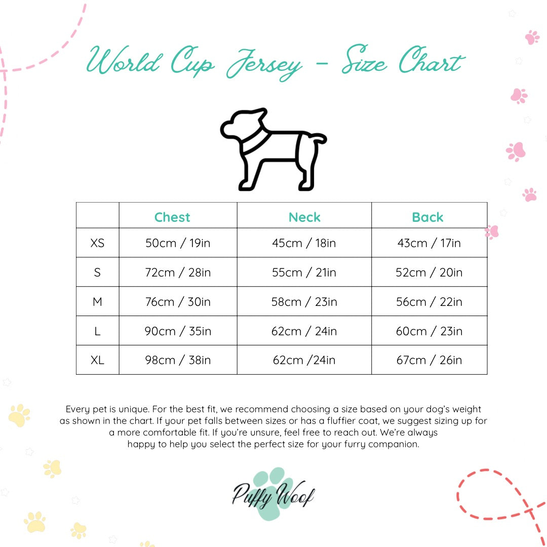 Puffy Woof World Cup Dog Jersey Size Guide