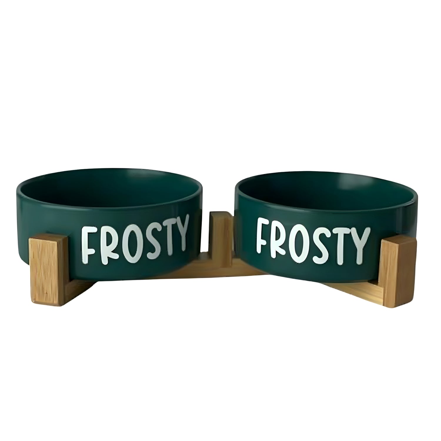 Double Ceramic Pet Bowl with Bamboo Stand – Green