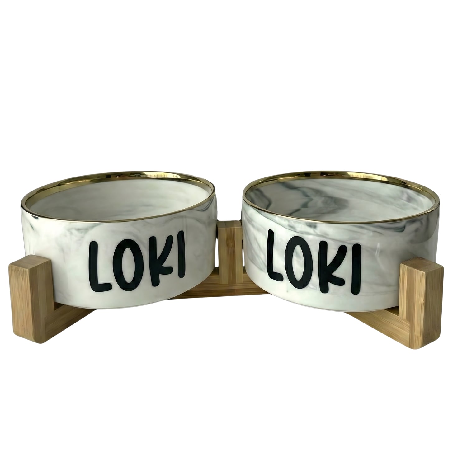 Personalized Double Pet Bowls | Marble Grey with Gold