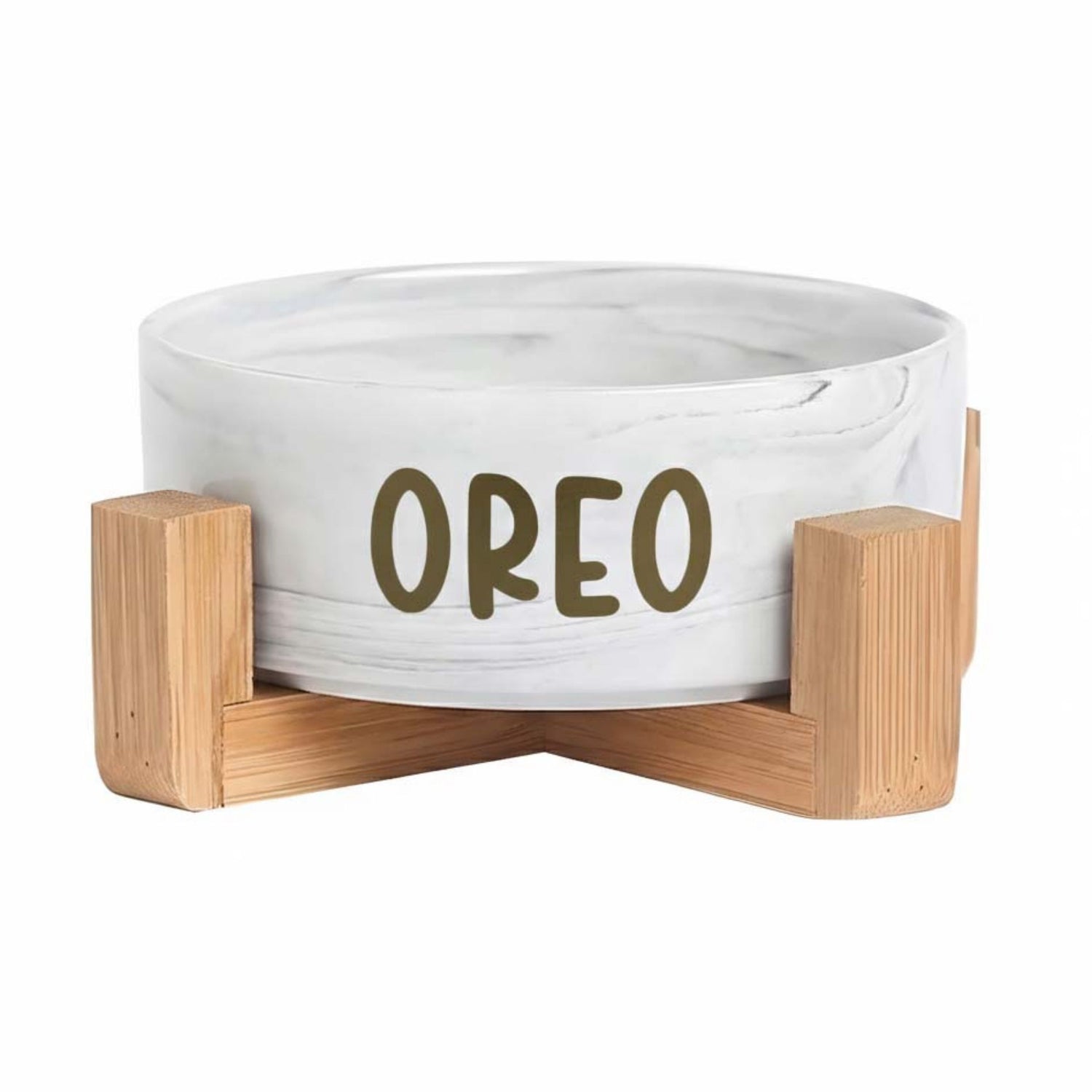 Ceramic Pet Bowl with Bamboo Stand – Marble Grey