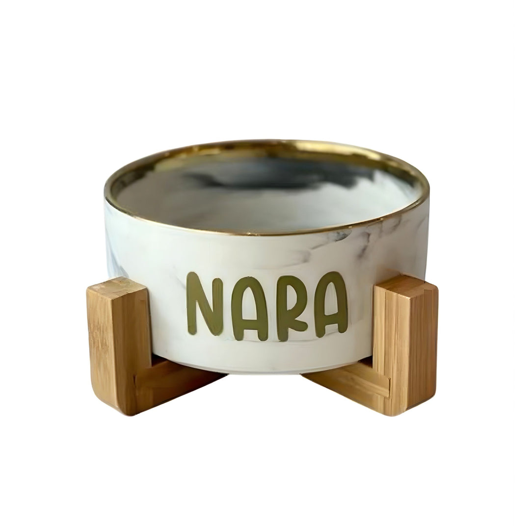 Ceramic Pet Bowl with Bamboo Stand – Marble Grey with Gold