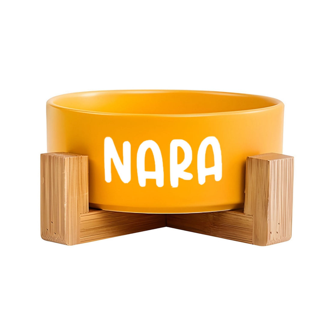 Ceramic Pet Bowl with Bamboo Stand – Yellow