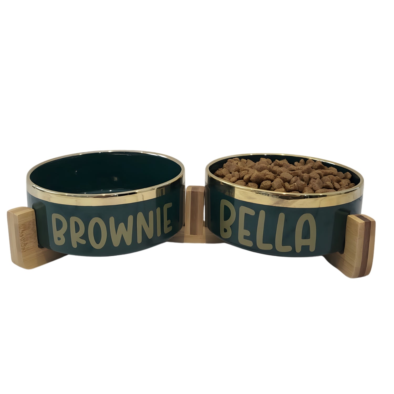 Double Ceramic Pet Bowl with Bamboo Stand – Green with Gold