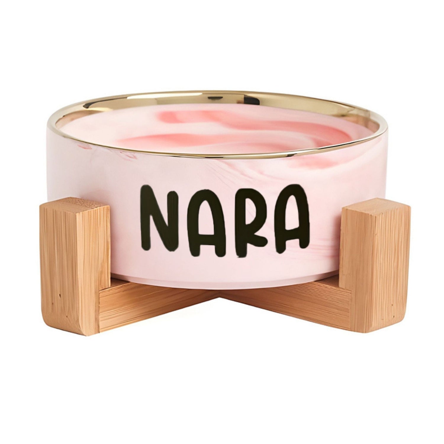 Ceramic Pet Bowl with Bamboo Stand – Marble Pink with Gold