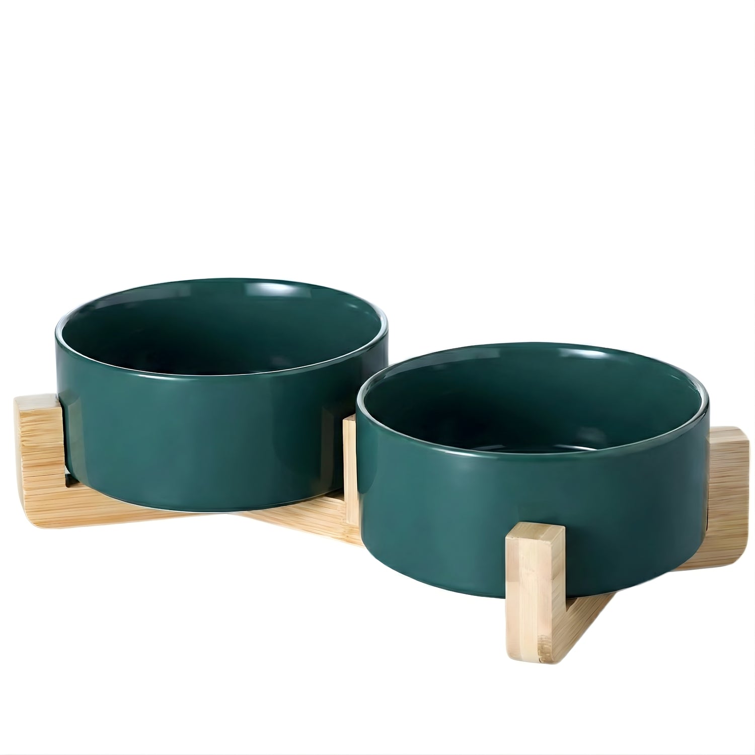 Double Ceramic Pet Bowl with Bamboo Stand – Green