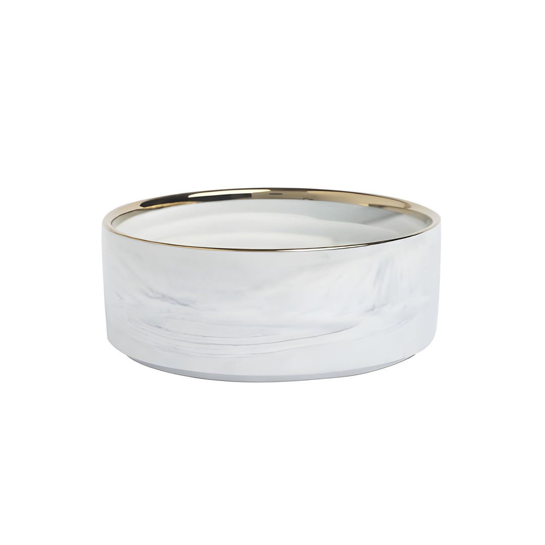 Ceramic Pet Bowl with Bamboo Stand – Marble Grey with Gold