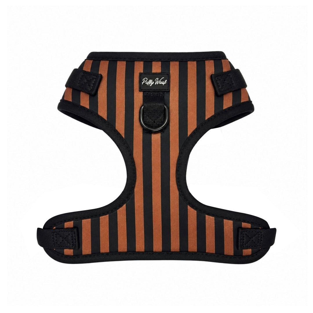 Maison Louis step-in dog harness in brown and black stripes, front view
