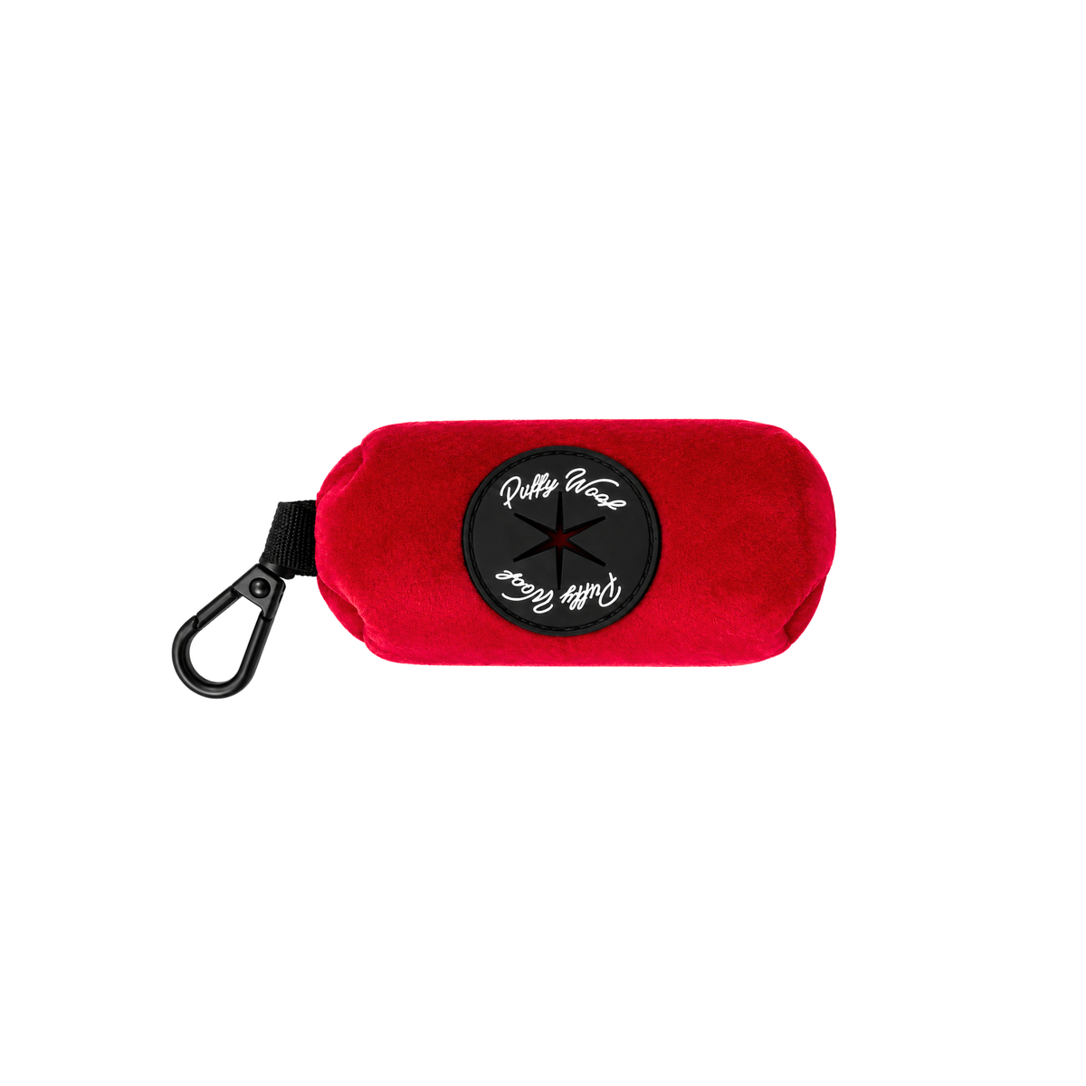 Red Velvet poop bag holder in deep red velvet with a clip