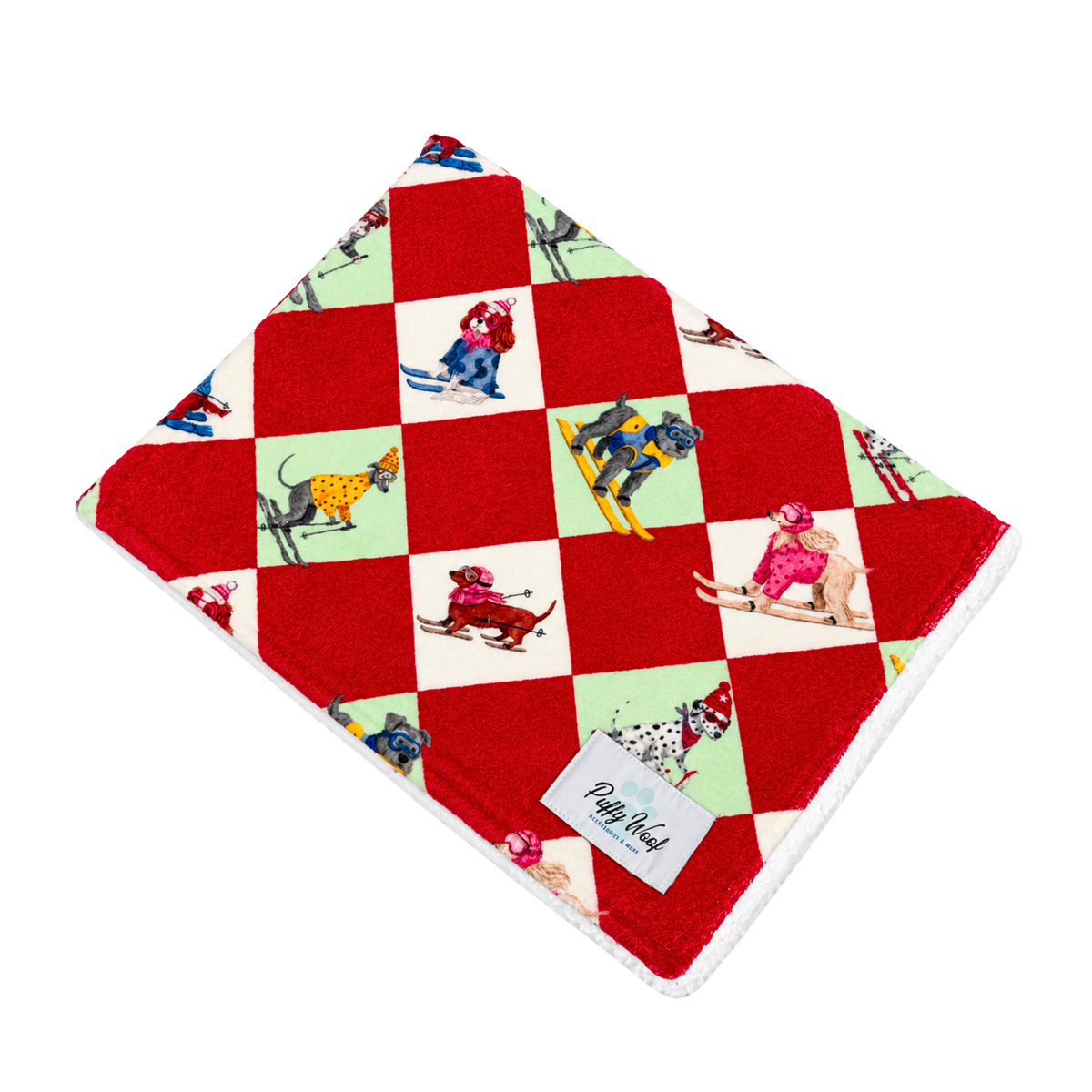 Zoomies on the Slopes Christmas dog blanket in red argyle print with dogs in winter wear