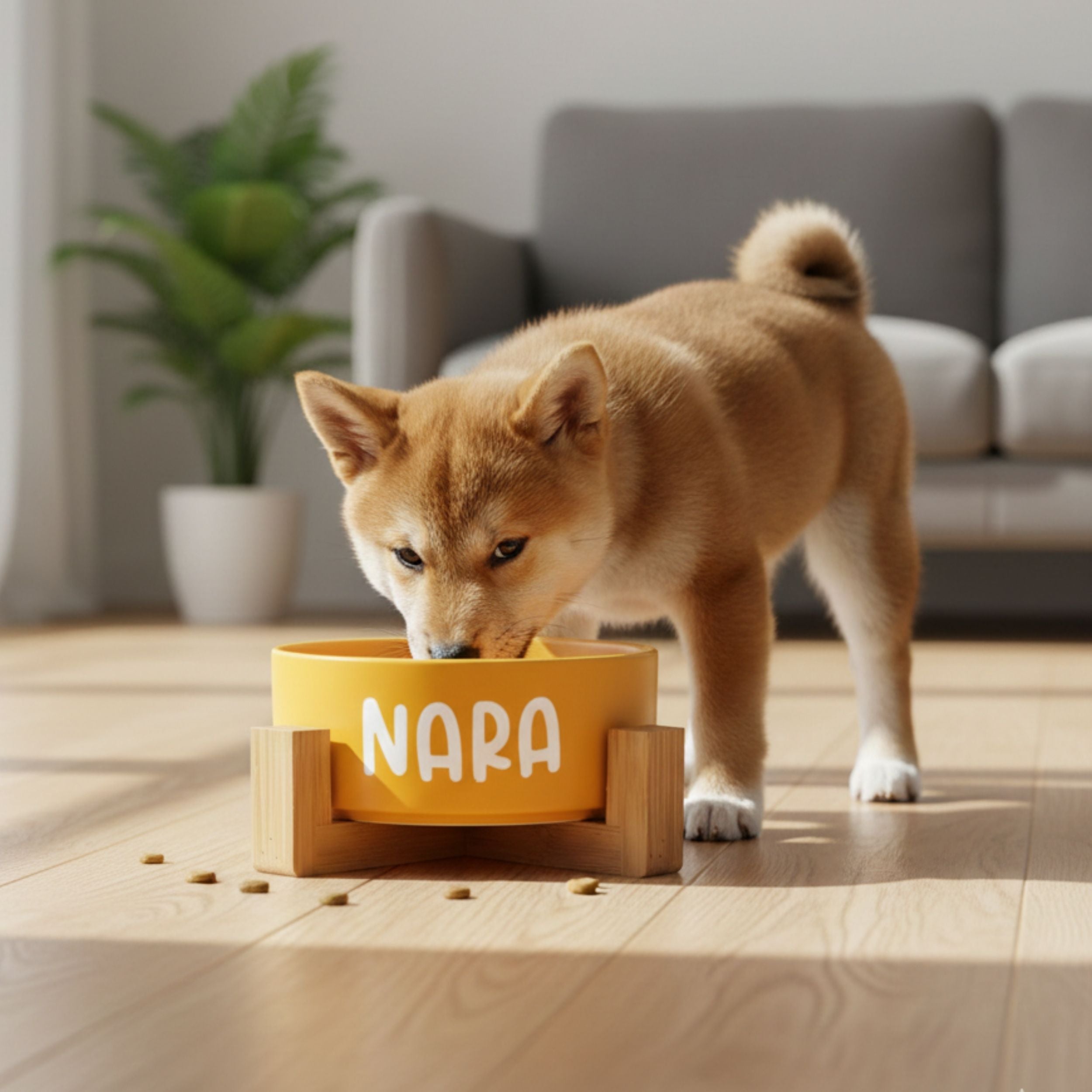 Ceramic Pet Bowl with Bamboo Stand – Yellow – Puffy Woof