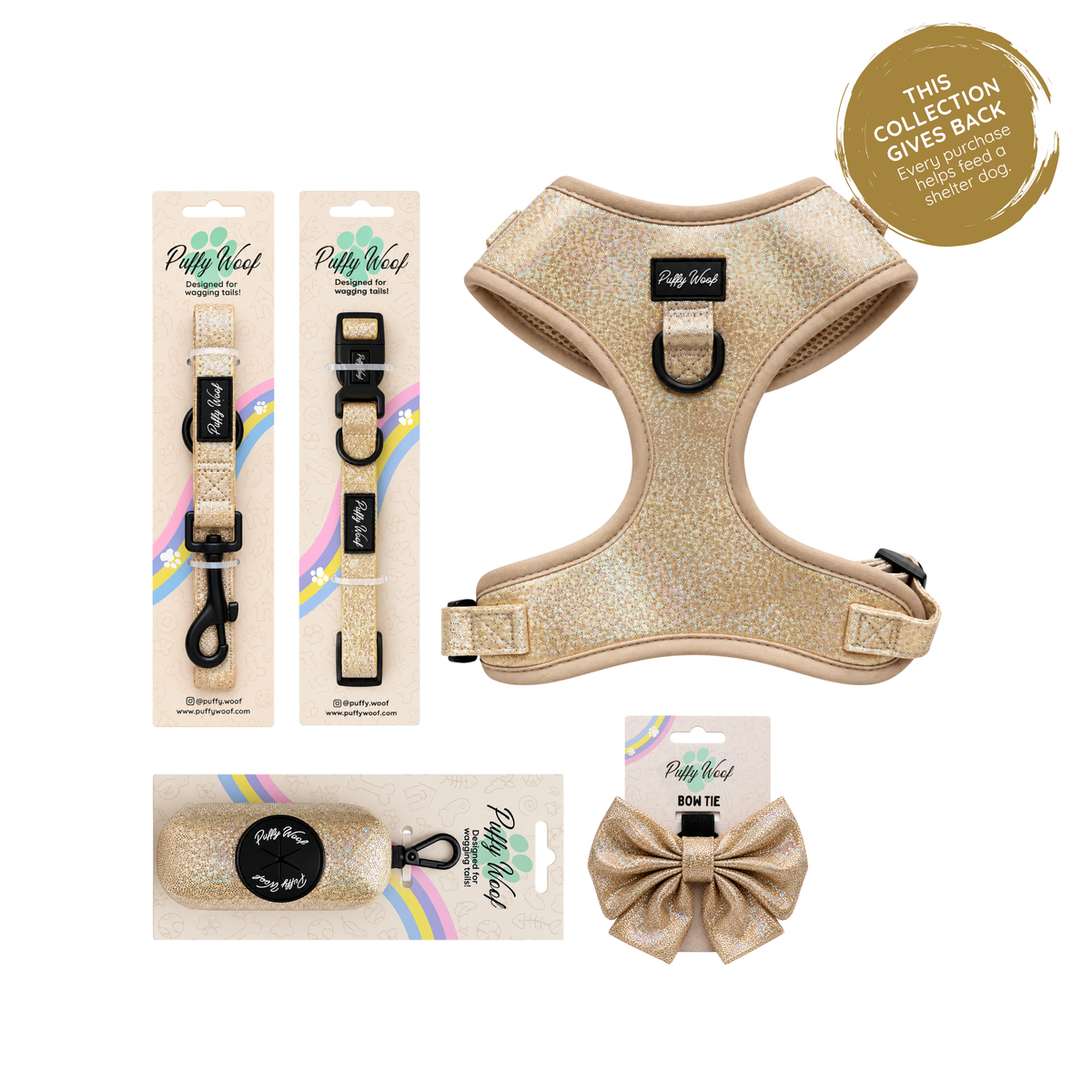 Golden Shadow dog harness set with matching leash, collar, poop bag holder and glitter bow tie by Puffy Woof