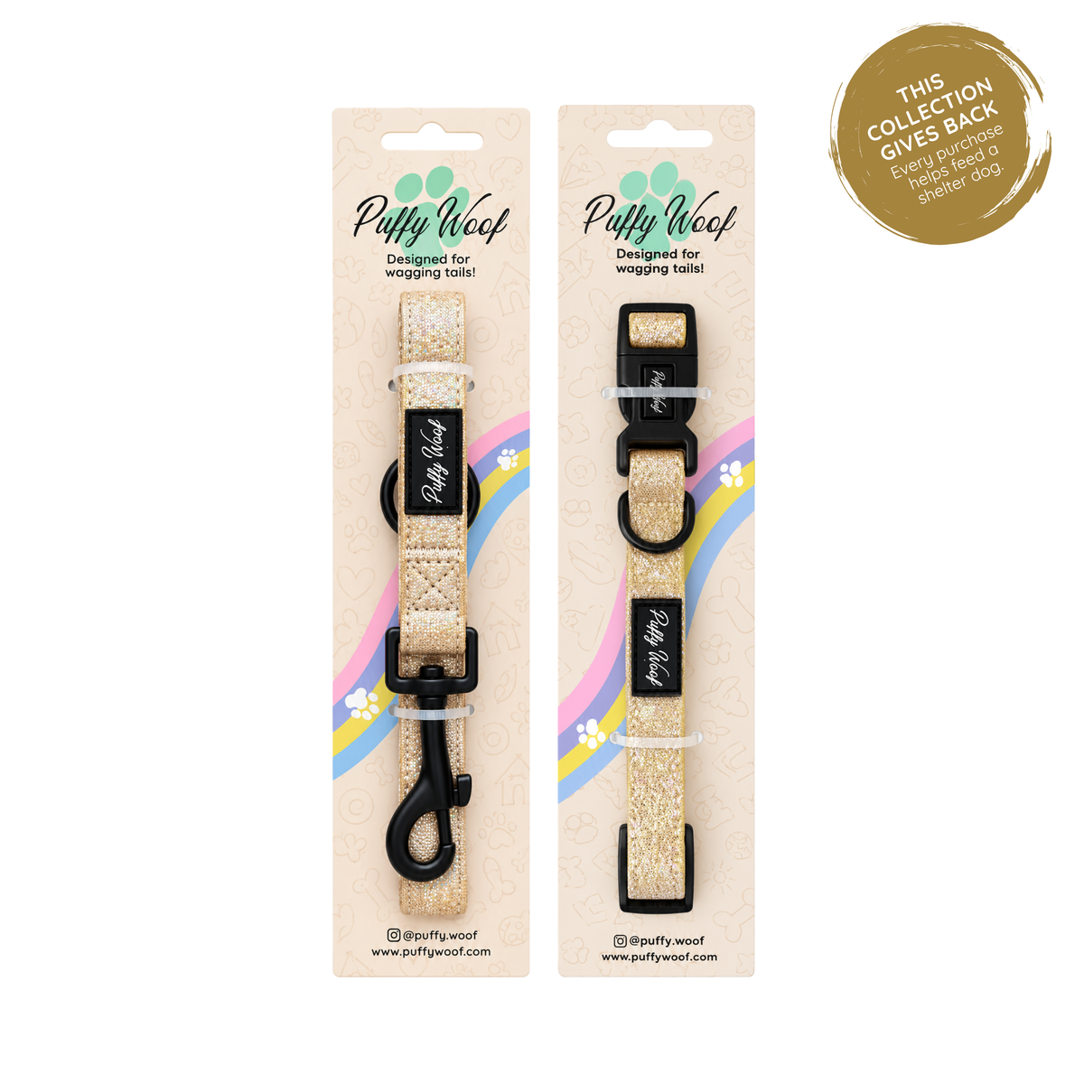Golden glitter dog collar and matching leash by Puffy Woof