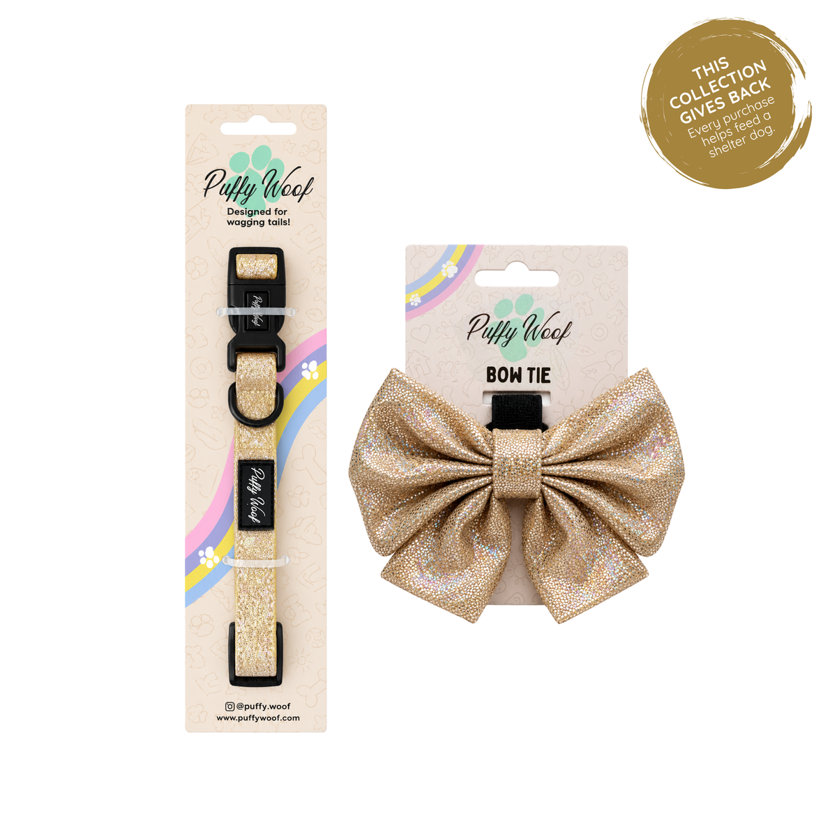 Golden glitter dog collar and matching bow tie set by Puffy Woof