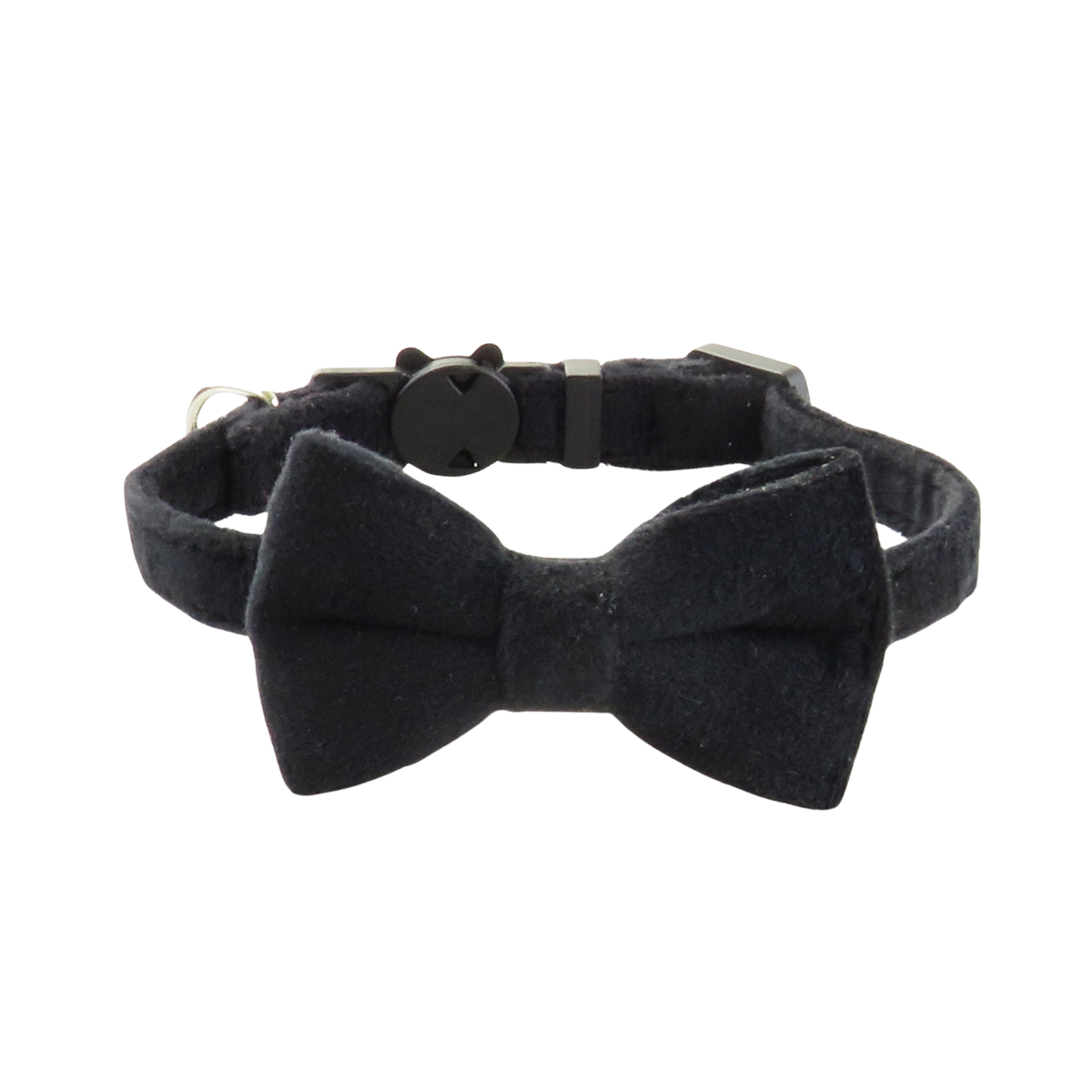 Adjustable black velvet breakaway cat collar with a matching bow tie by Puffy Woof