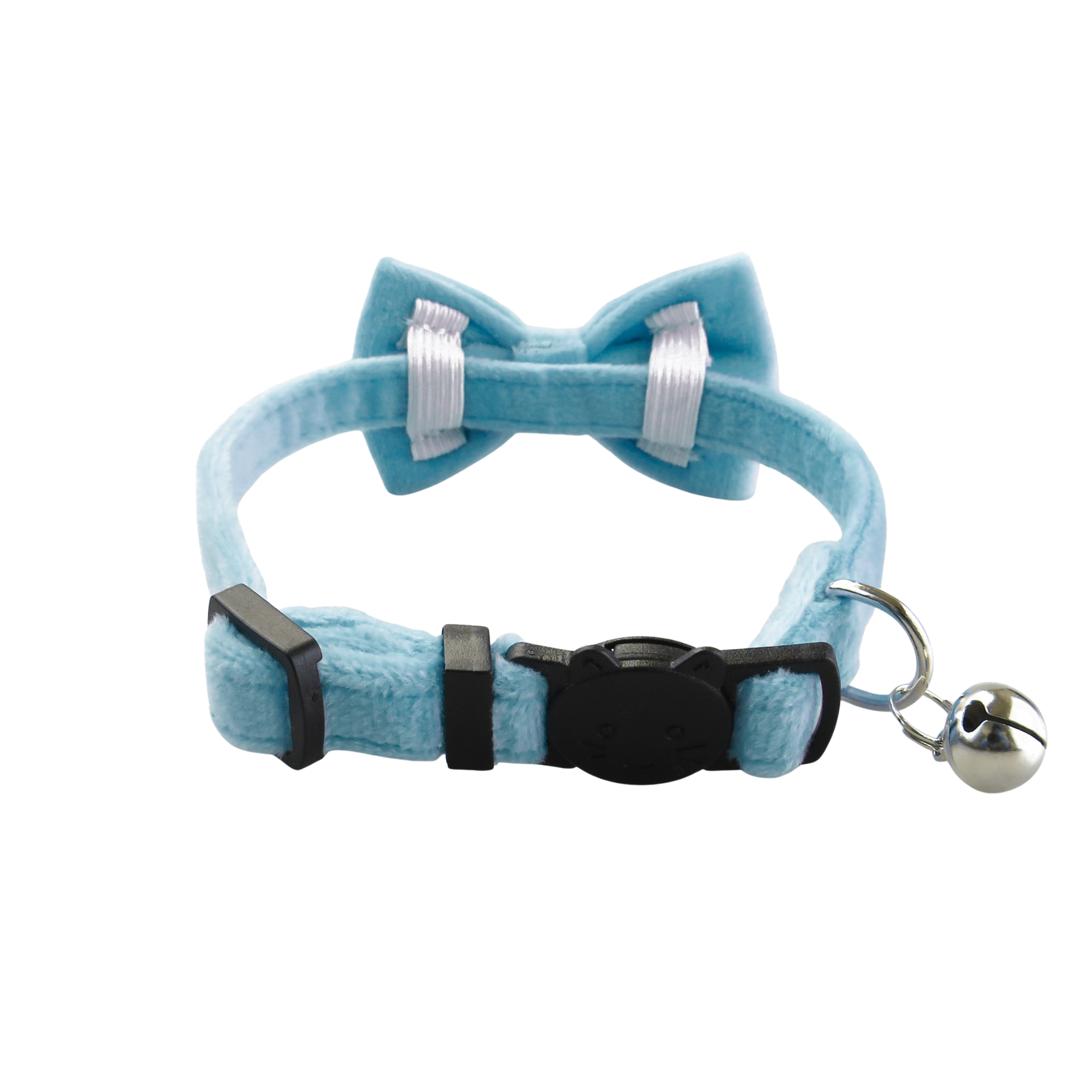 Back Side of Adjustable Blue velvet cat collar with a matching bow tie by Puffy Woof