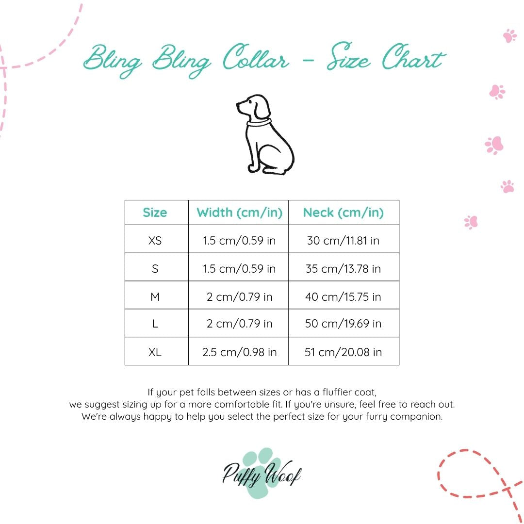 Bling Bling dog collar size chart and neck measurement guide for choosing the perfect collar fit for pets in Dubai