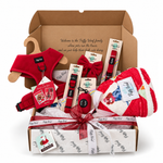Red Velvet Ultimate Christmas Gift Set in a Puffy Woof gift box with red velvet harness, bow, leash and blanket