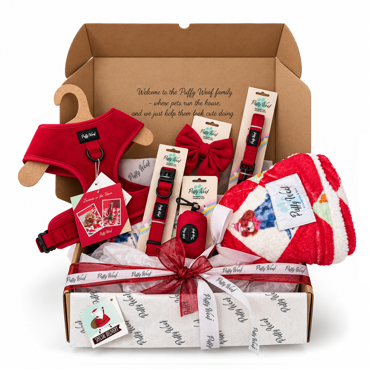 Red Velvet Ultimate Christmas Gift Set in a Puffy Woof gift box with red velvet harness, bow, leash and blanket