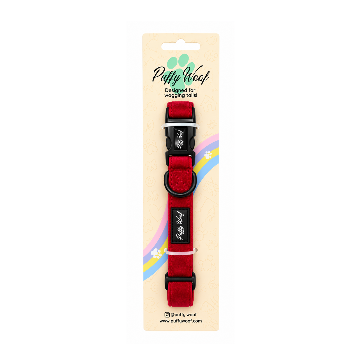Red Velvet adjustable dog collar shown with its Puffy Woof packaging
