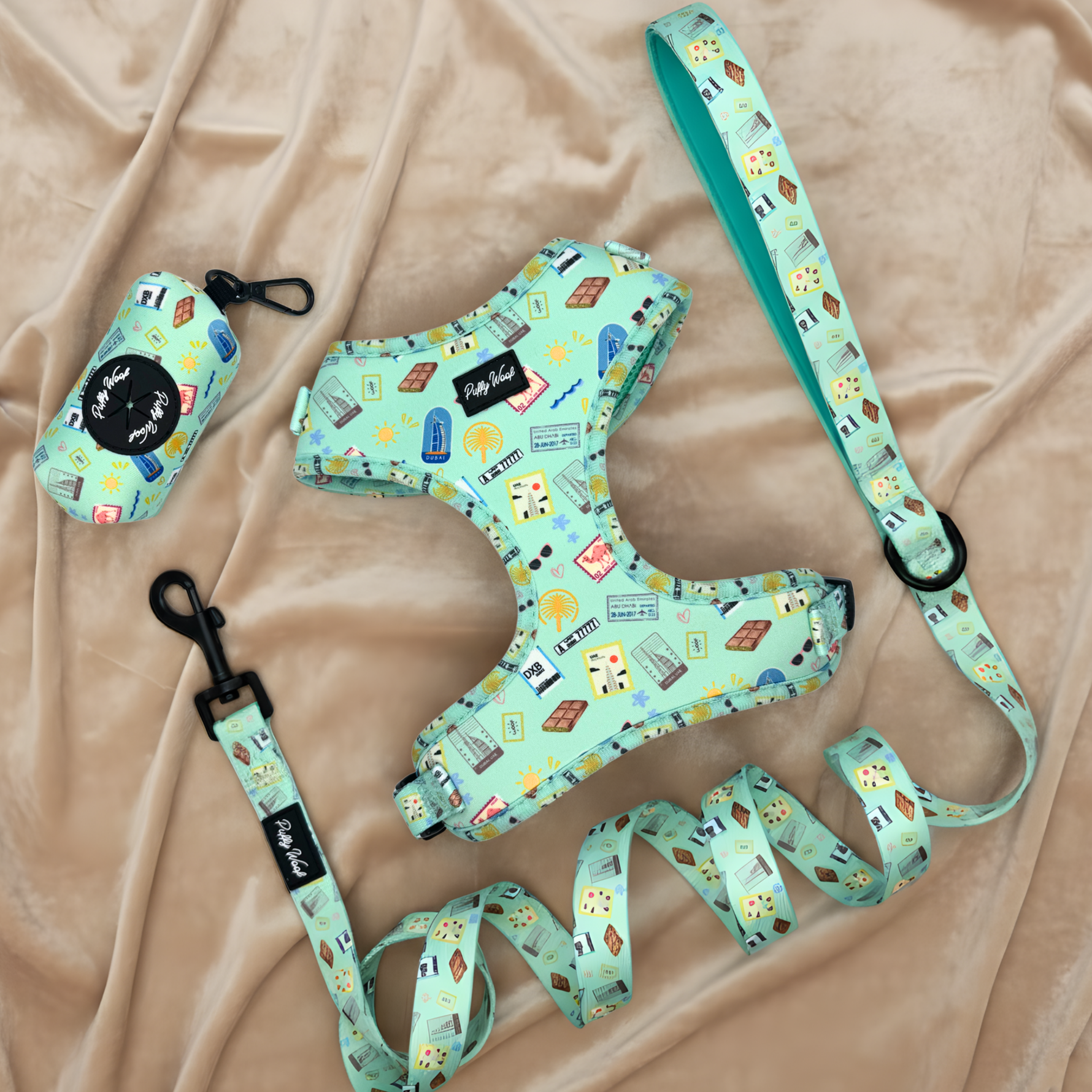 Complete dog harness and leash combo set with matching accessories by Puffy Woof Dubai Doodles collection
