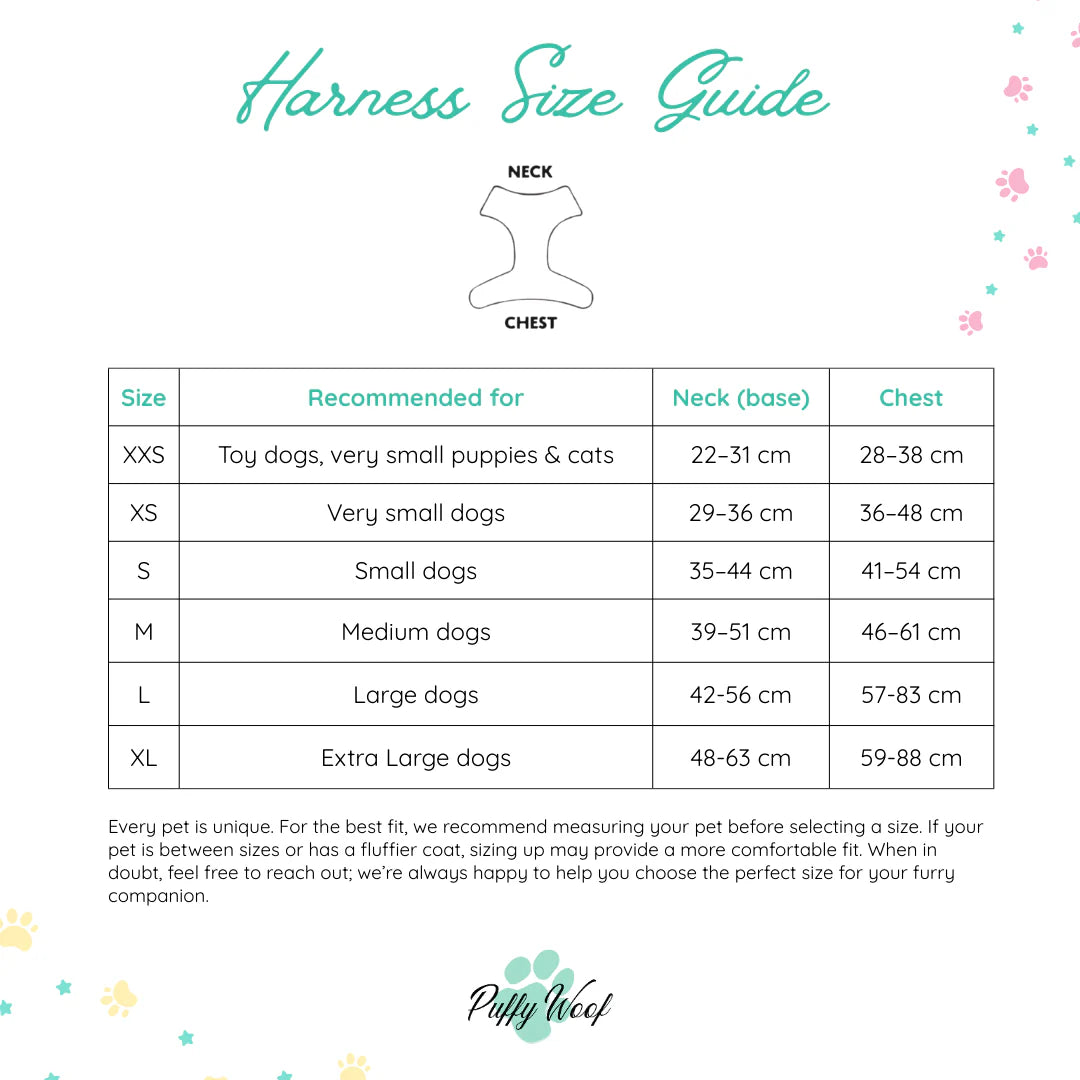 Dog harness size chart and measurement guide for selecting the perfect harness fit from Puffy Woof dog harness collection