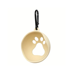 Gold paw-shaped Puffy Woof pet ID tag with hook for dog collar identification