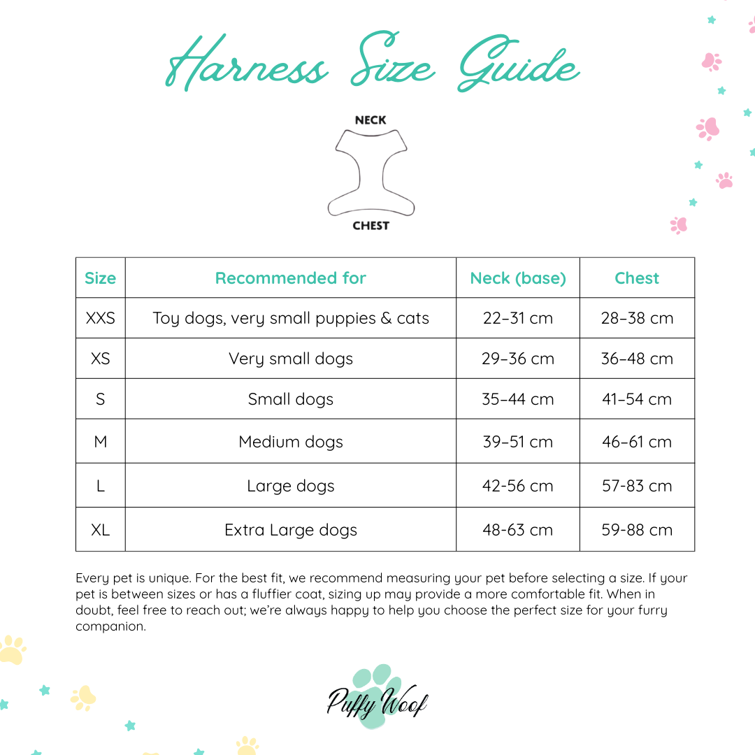 Puffy Woof harness size chart guide – measurements for small and medium dogs