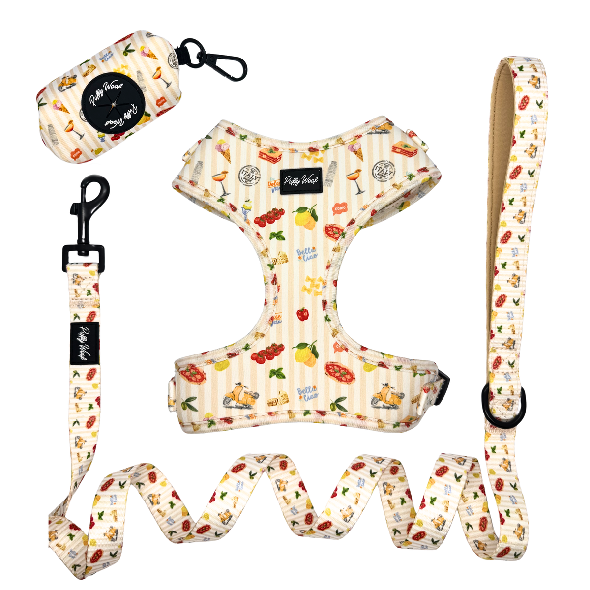 Puffy woof complete dog harness set with leash and collar and poo bag - stylish all-in-one pet walking gearbag for Dubai pets