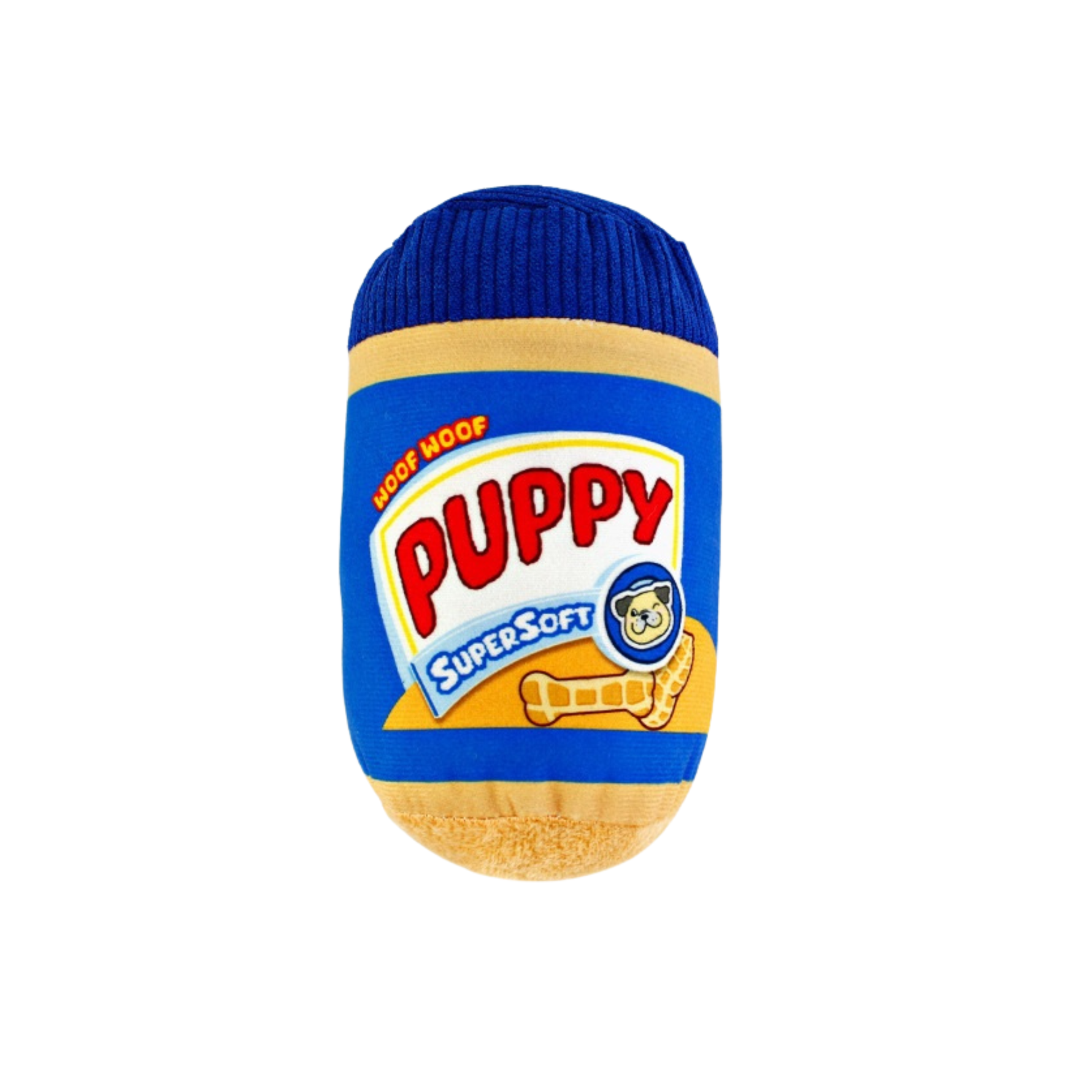"Puppy Supersoft" plush squeaky dog toy shaped like a jar of peanut butter