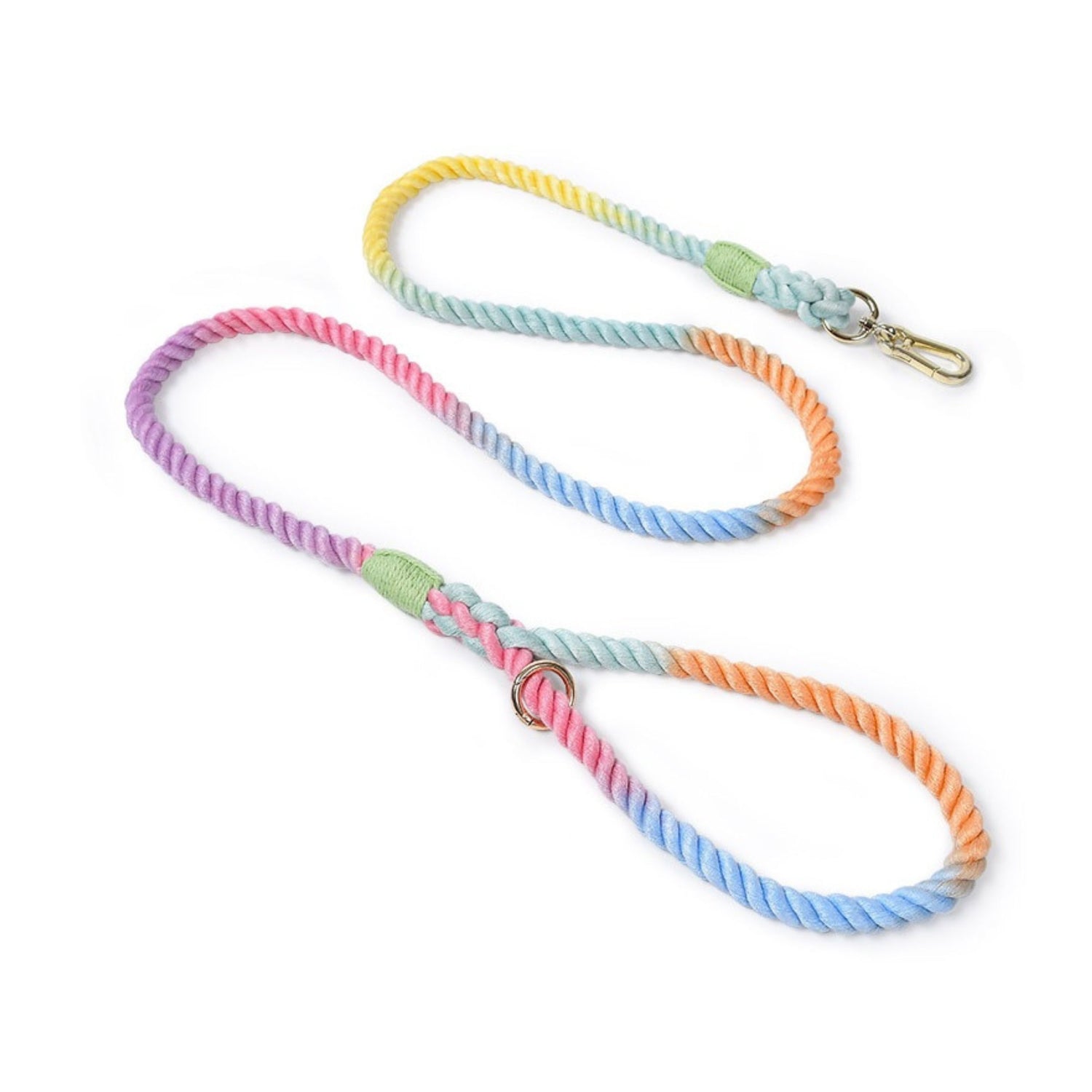 Rainbow color handmade braided cotton rope dog leash by Puffy Woof